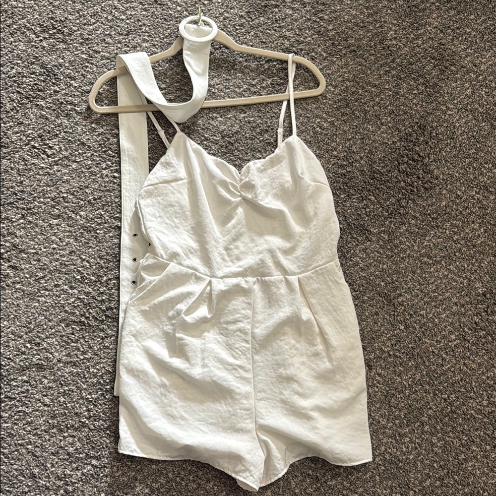 White Linen-Look Spaghetti Strap Romper